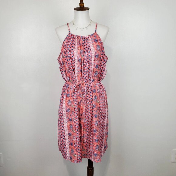 GAP Pink Blue Sleeveless Belted Halter Neck Summer Shift Dress With Pockets XS - Picture 1 of 12